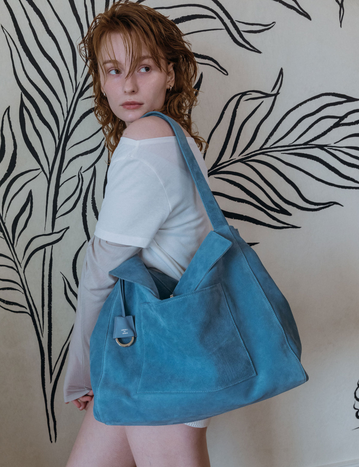 Suede Pocket Flap Bag — Large, Sky Blue
