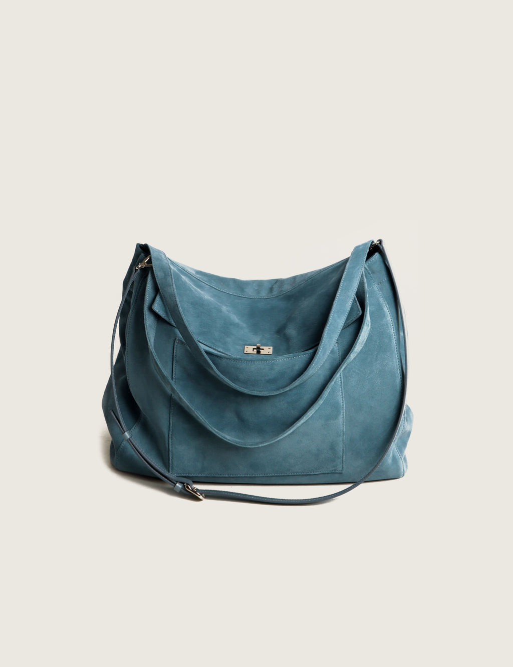 Suede Pocket Flap Bag — Large, Sky Blue