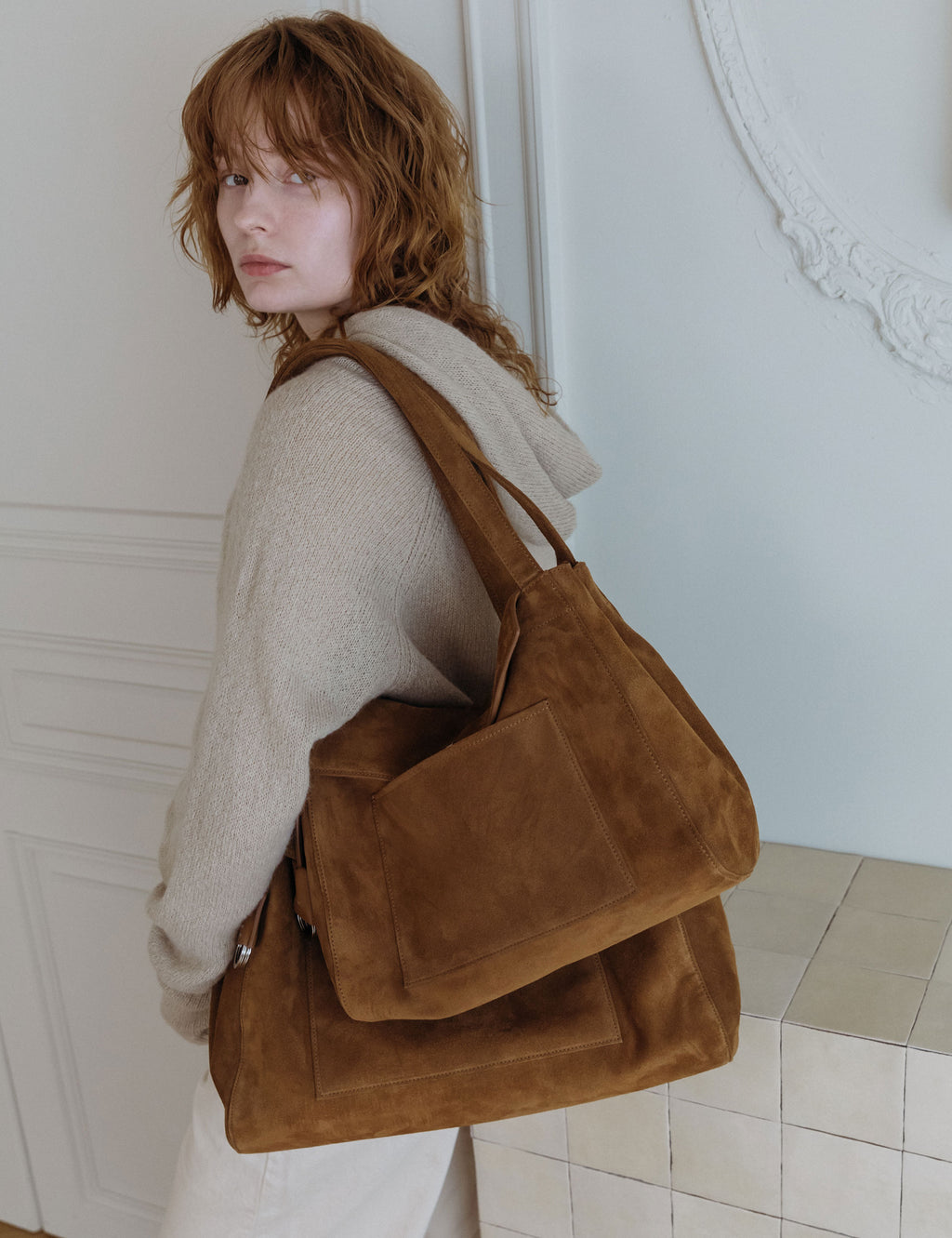 Suede Pocket Flap Bag — Medium, Tan