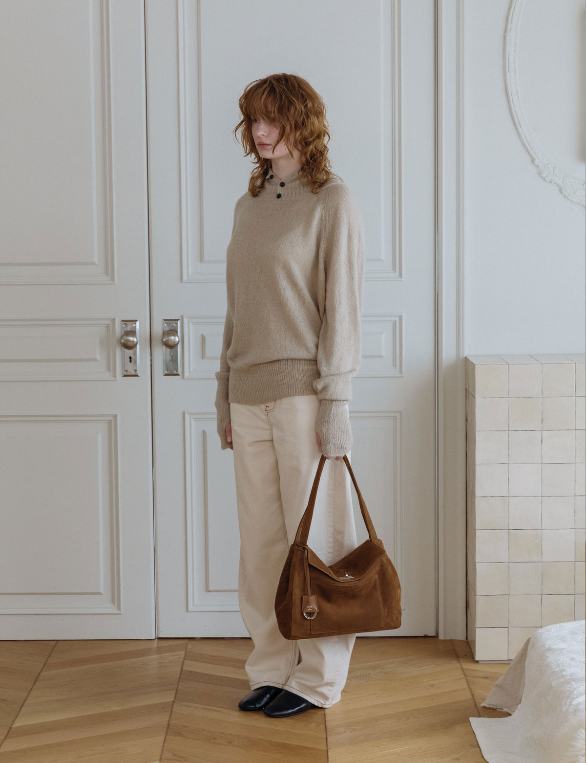Suede Pocket Flap Bag — Medium, Tan