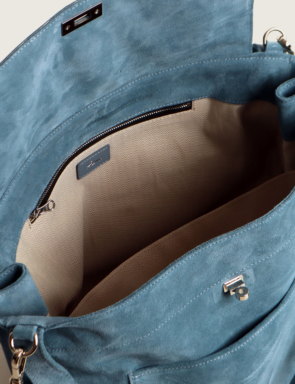 Suede Pocket Flap Bag — Large, Sky Blue